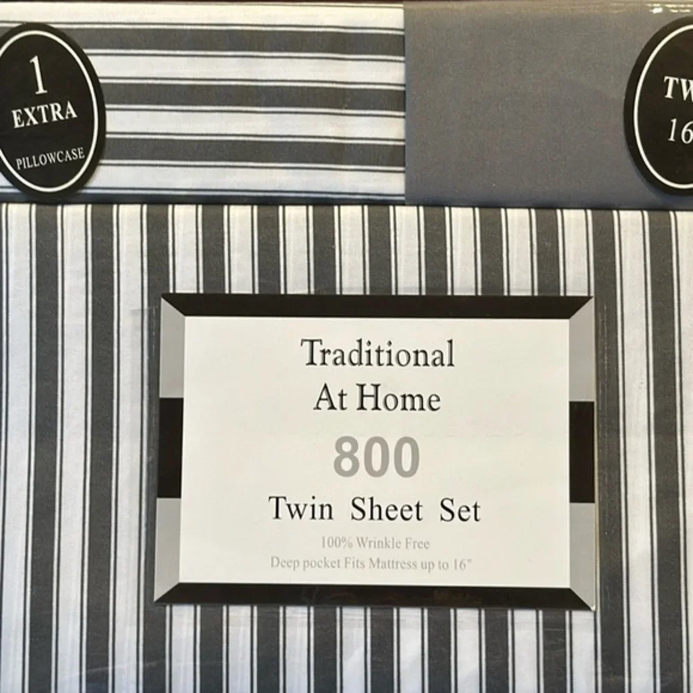 Traditional At Home 4 pc Twin Sheet Set Gunmetal Gray and white stripes.